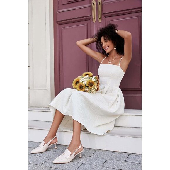 💫 Women Cream Slingback Kitten Heel Pointed Toe Pumps Ankle Buckle Dress Shoes - Picture 3 of 8